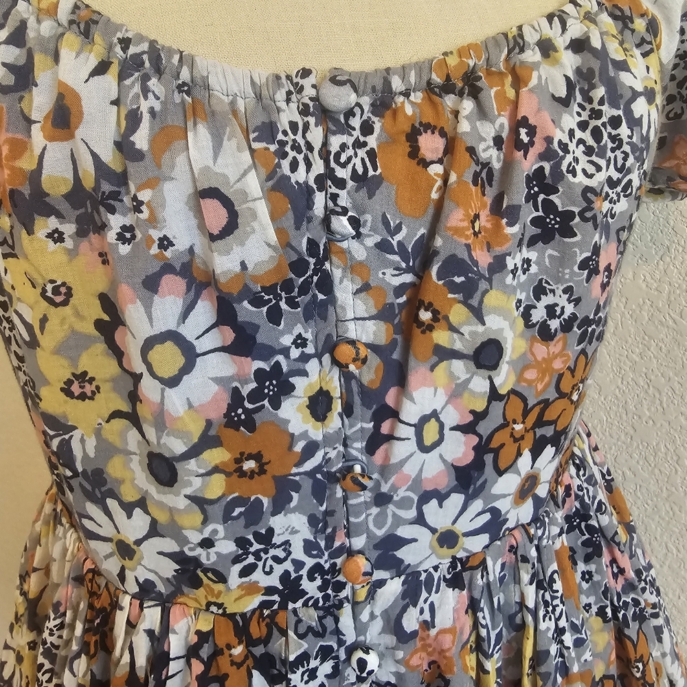 NWT AMERICAN EAGLE Puff Sleeve Tie Back Ruched Cotton Floral Short Dress Medium - Picture 5 of 15